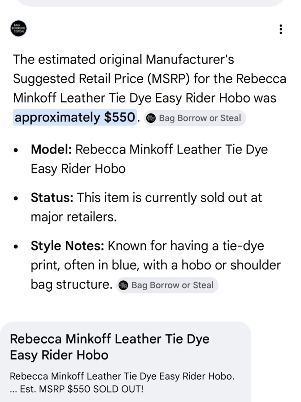 RARE Sample NWT Rebecca Minkoff Easy Rider Blue and White Tie-Dye Hobo Bag - Picture 16 of 16